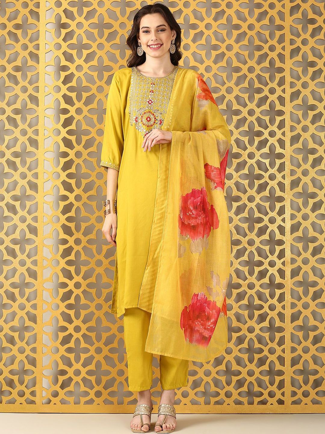 Anouk Women Ethnic Motifs Yoke Design Embroidered Sequinned Kurta With Trousers & Dupatta