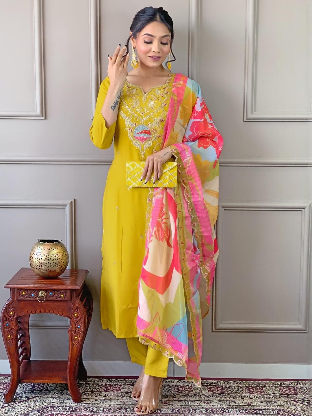 URMIR FASHION Yellow Viscose Rayon Kurta Sets