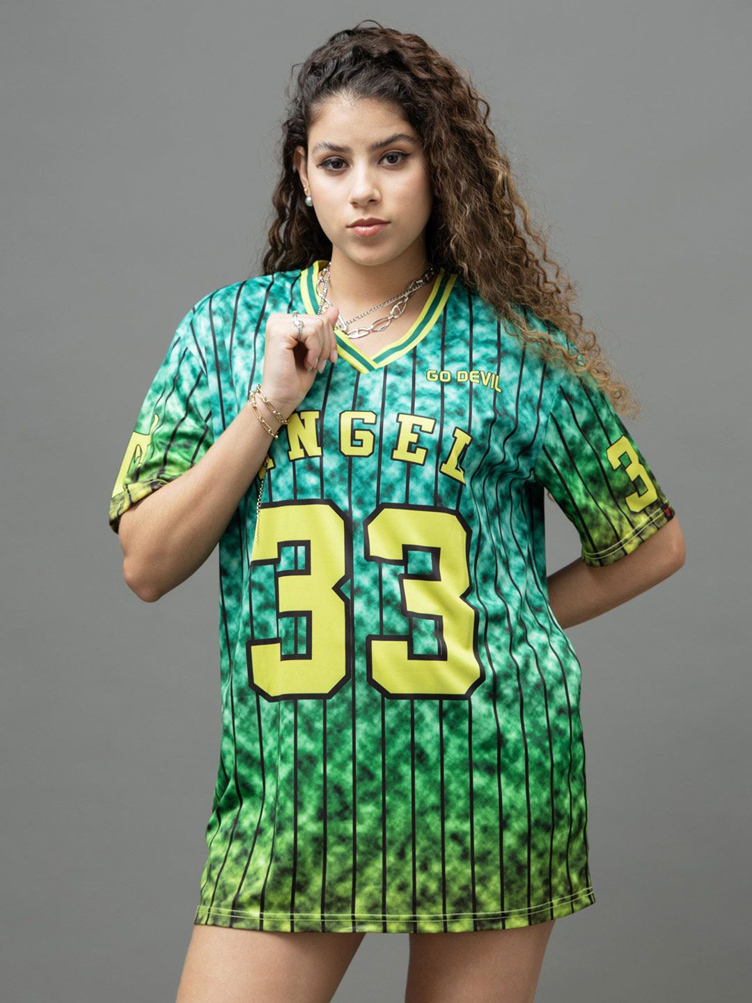 GO DEVIL Women Varsity Printed V-Neck Oversized T-shirt-picture-11