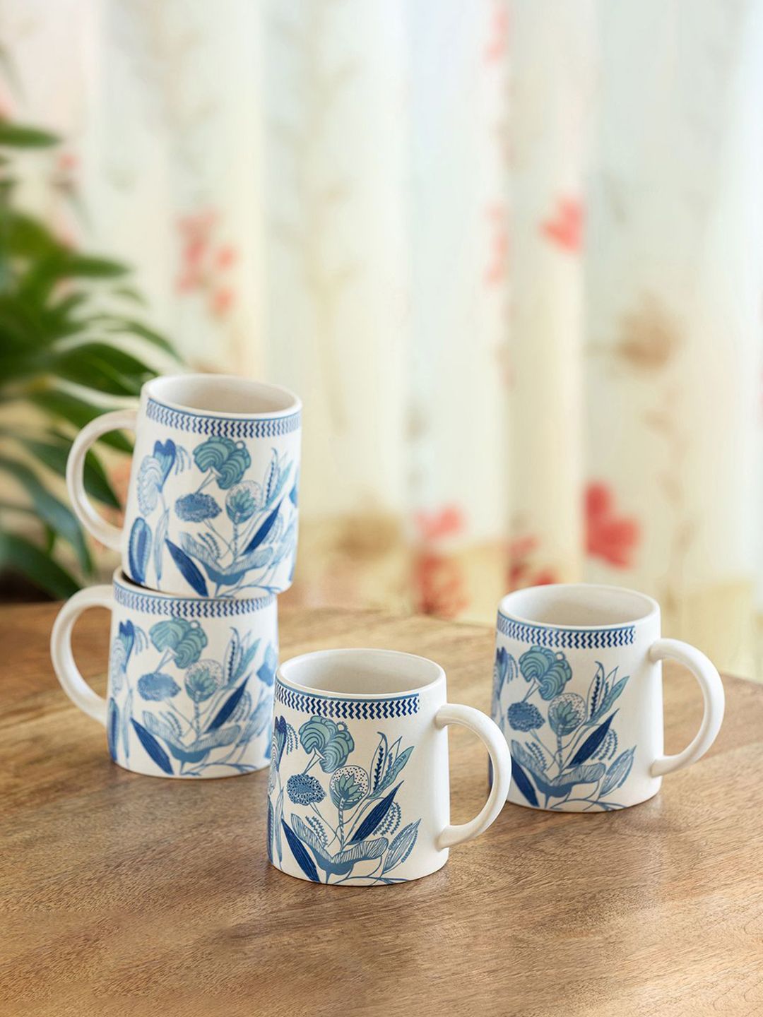 ExclusiveLane White & Blue 4 Pieces Floral Printed Ceramic Mugs-image-19