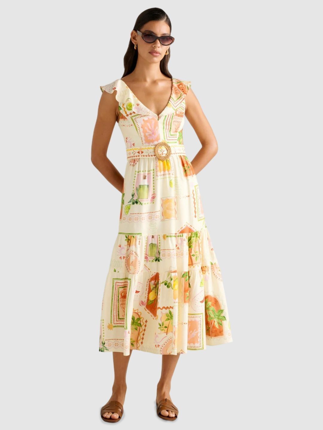 Forever New Women Tropical Printed Flutter Sleeves Fit & Flare Midi Dress-picture-42