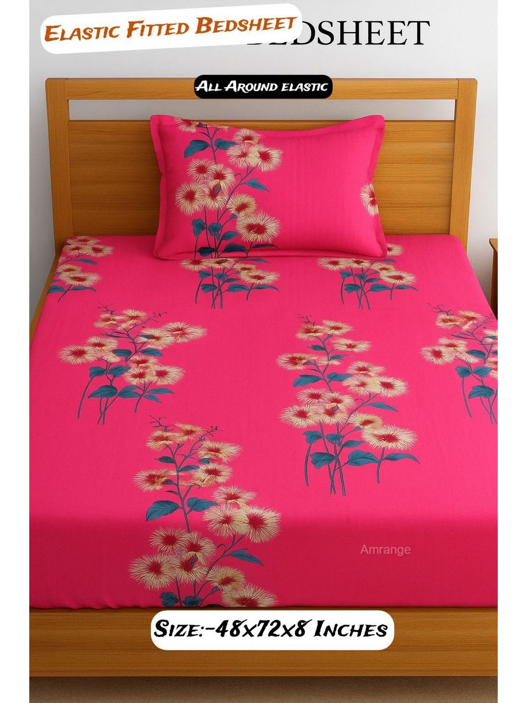 AMRANGE Pink Printed Fitted Microfiber 210 TC Double King Bedsheet Set 1.2mx 1.8m-picture-1