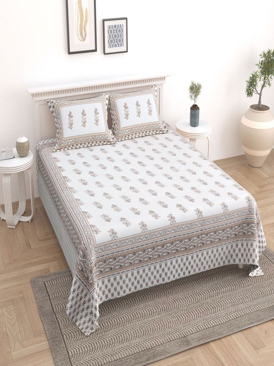 Bombay Spreads Brown & White Printed Pure Cotton 180 TC King Bedsheet Set-2.74 m x 2.20 m-picture-46