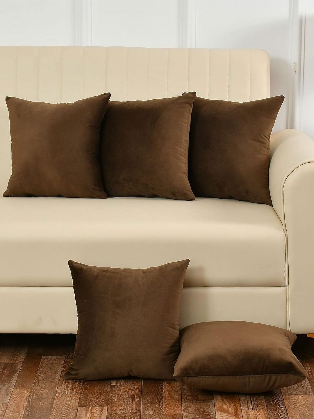 Yellow Weaves Coffee Brown 5 Pieces Velvet Square Cushion Covers-picture-12