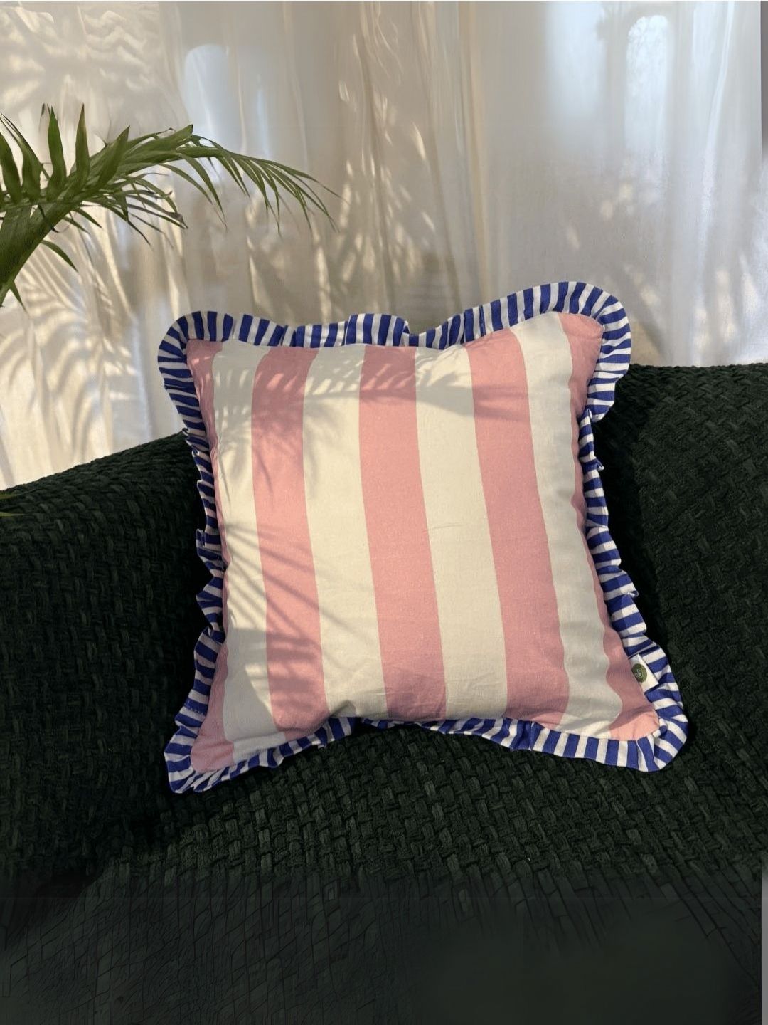 LUSHLYF Cream-Coloured & Blue Striped Pure Cotton Square Cushion Cover-picture-44