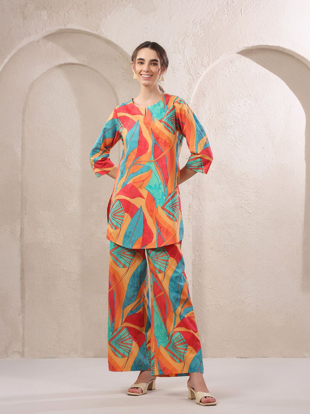 JISORA Printed Round Neck Cotton Top With Trousers Co-Ords-picture-27