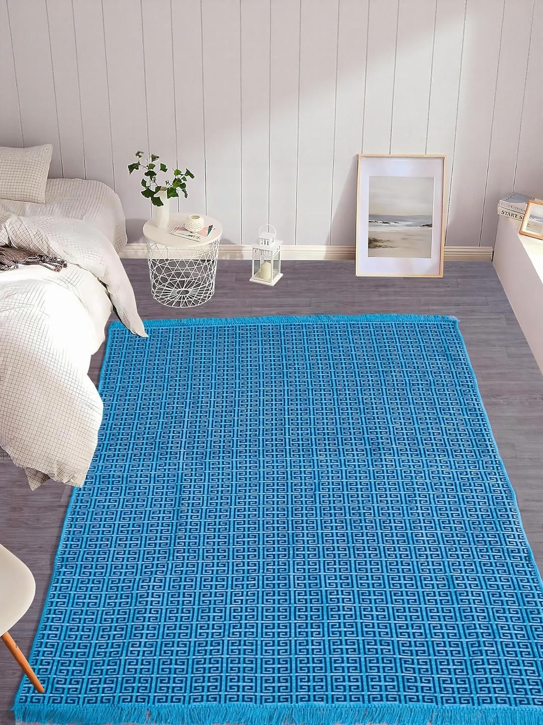 Furnishing Hut Blue Geometric Printed Non-Slip & Durable Velvet Carpet-picture-52