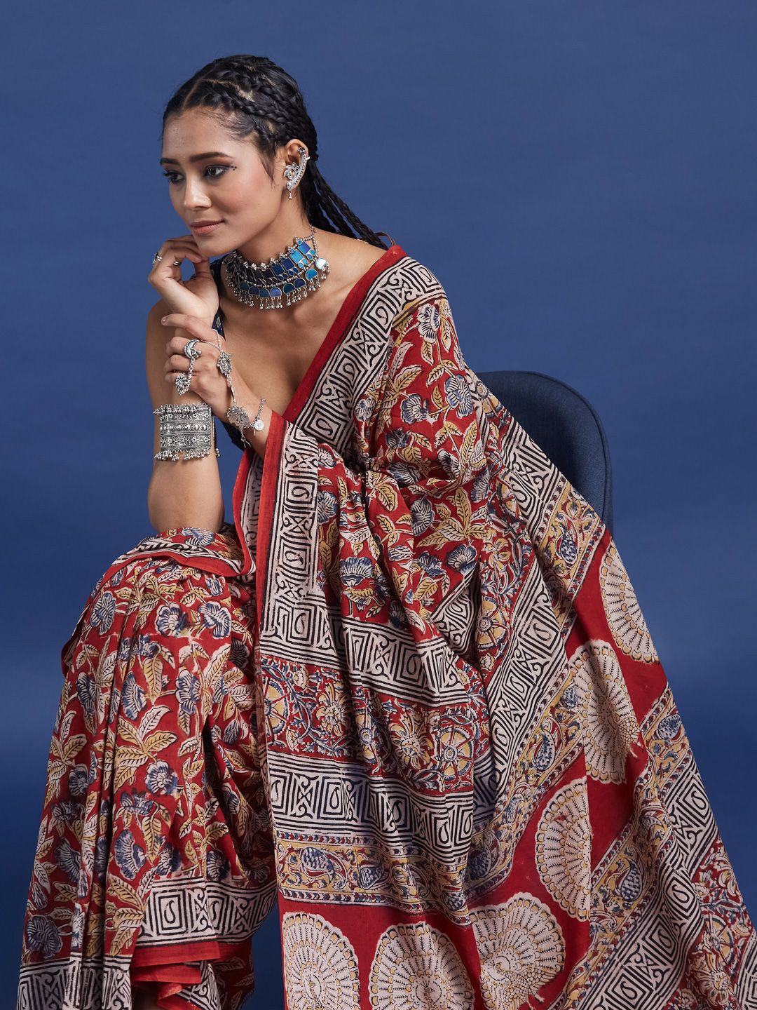 Taavi Women Hand Block Printed Kalamkari Saree With Geometric Borders & Classic Motifs-picture-30