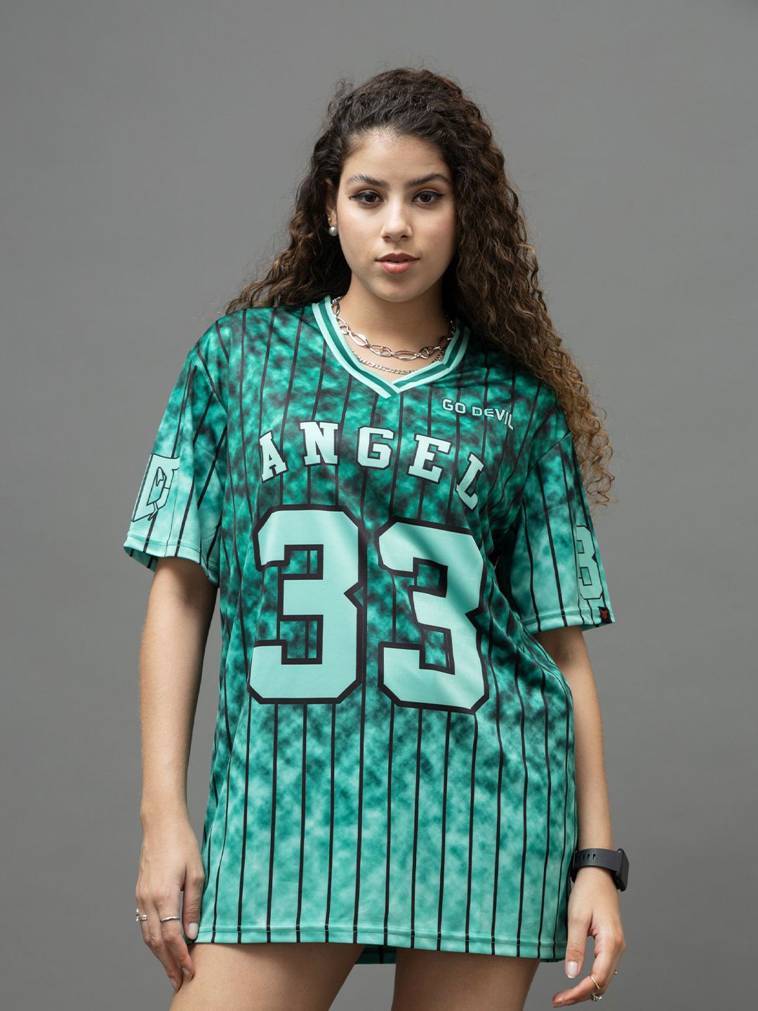 GO DEVIL Women Typography Printed V-Neck Applique T-shirt-picture-12