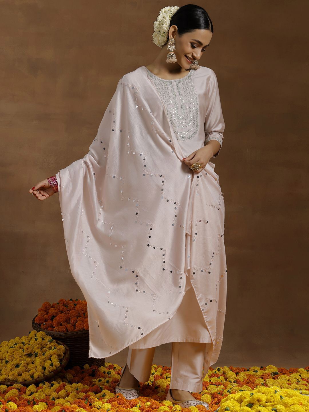 Gerua By Libas Floral Yoke Design Sequinned Straight Kurta & Trousers With Dupatta