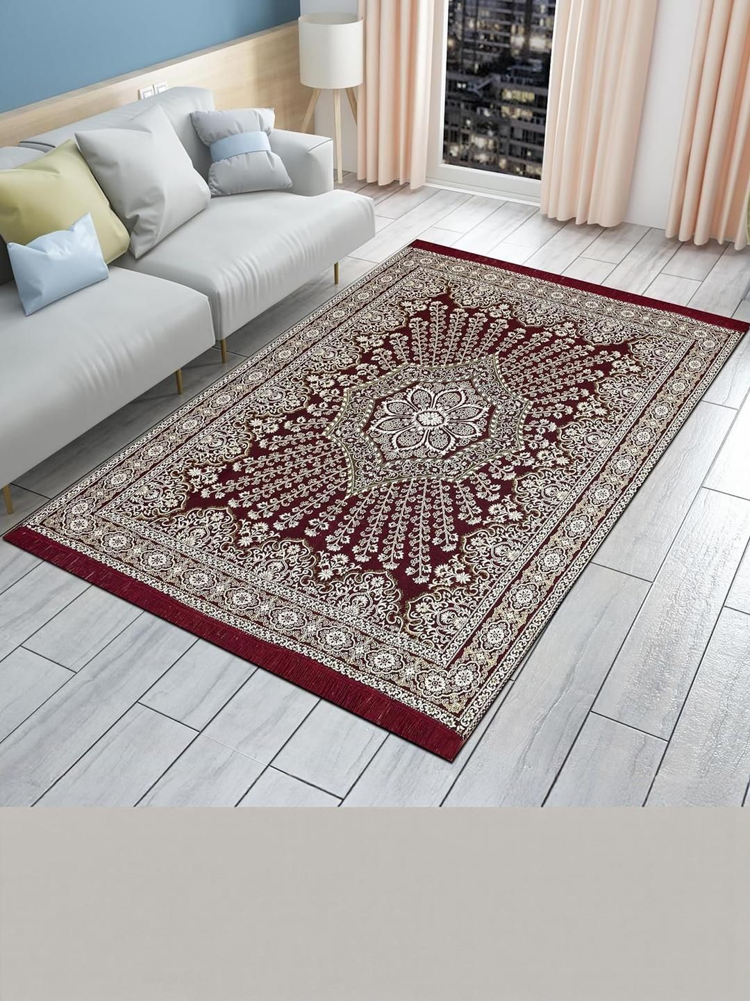 Furnishing Hut Maroon Floral Anti-Skid Cotton Carpet-picture-39