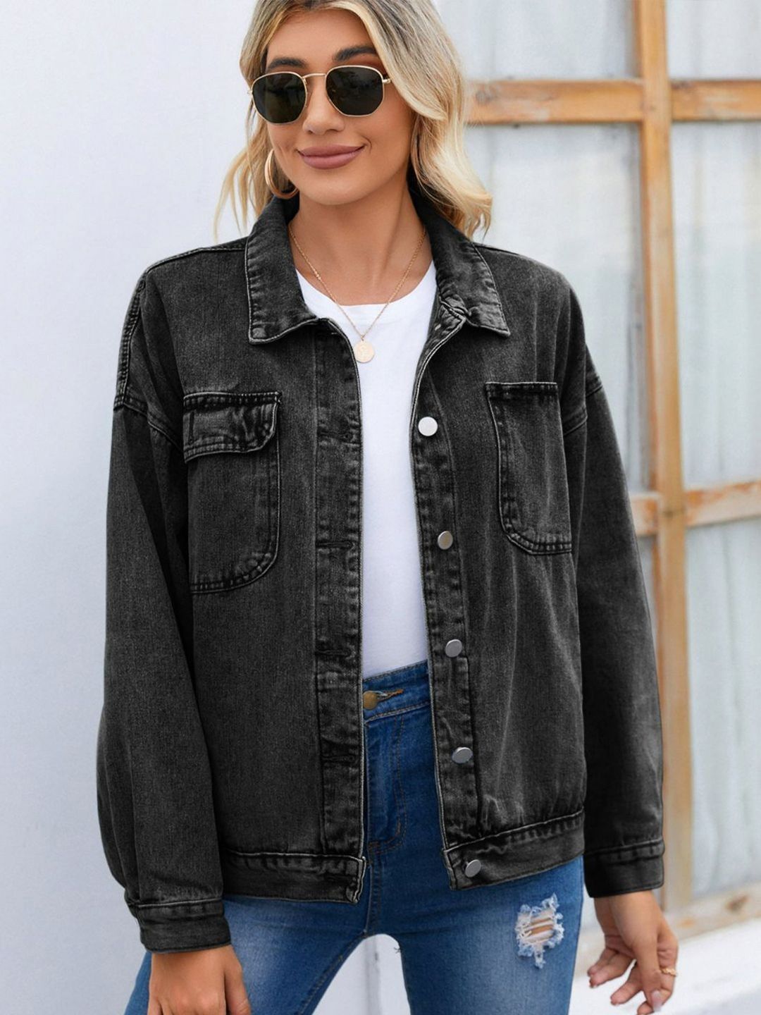 Oh Rare Spread Collar Crop Denim Jacket-image-45