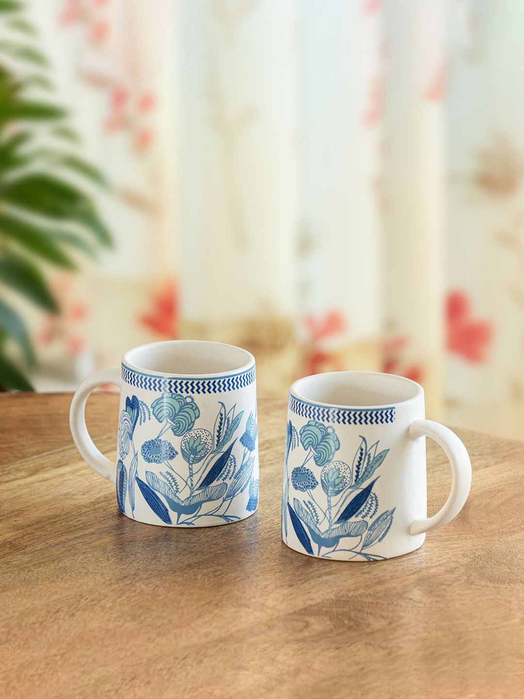 ExclusiveLane White & Blue 2 Pieces Printed Ceramic Glossy Mugs-picture-1