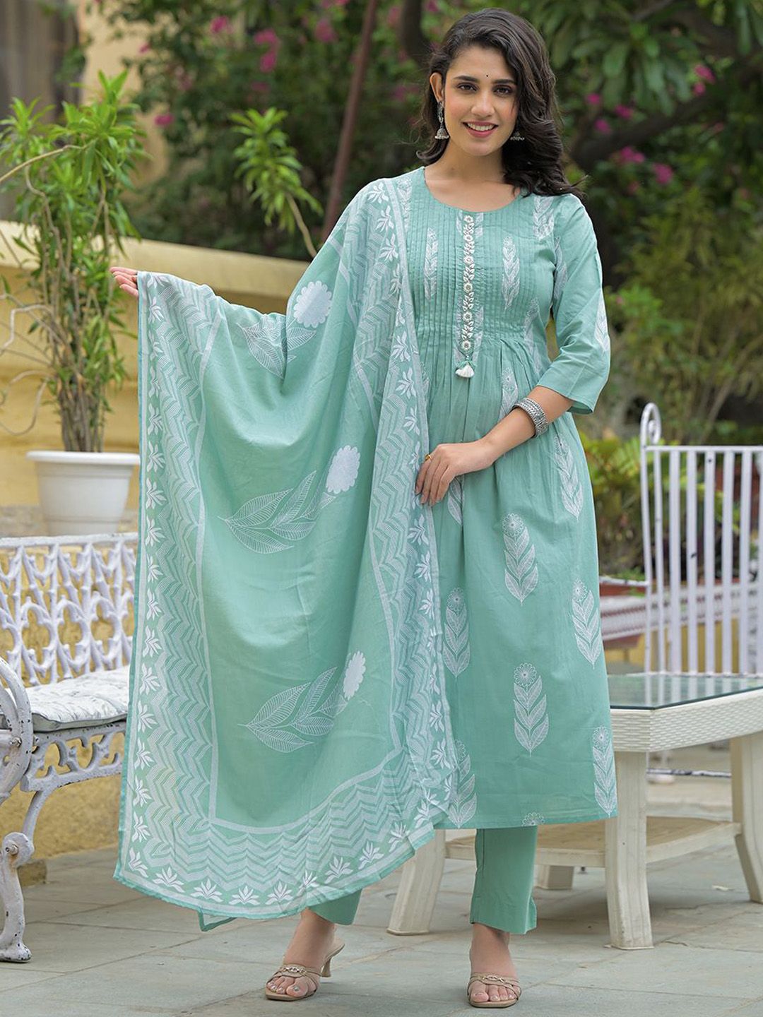 KALINI Women Floral Printed Pure Cotton Kurta with Trousers & With Dupatta Kurta Sets-picture-24