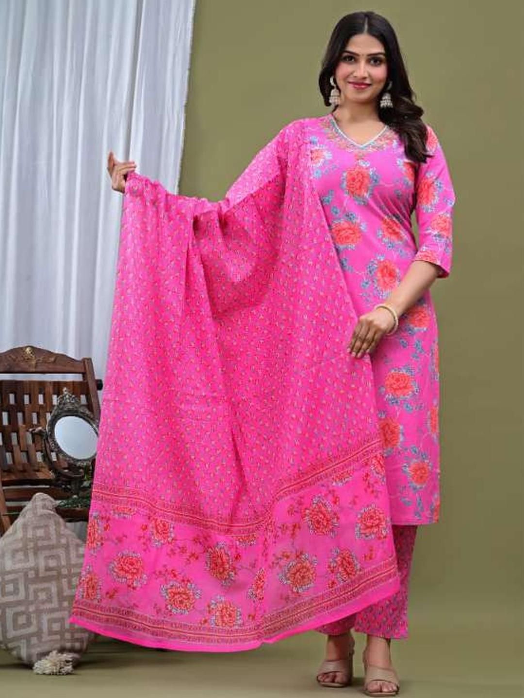 Mirasa Women Floral Printed Regular Pure Cotton Kurta with Trousers & With Dupatta