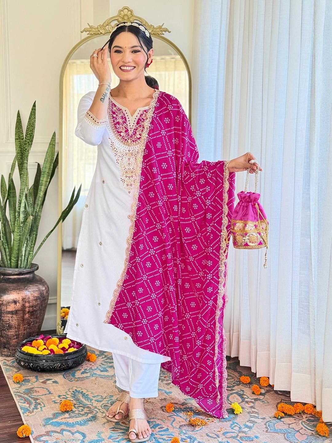 URMIR FASHION White Viscose Rayon Kurta Sets