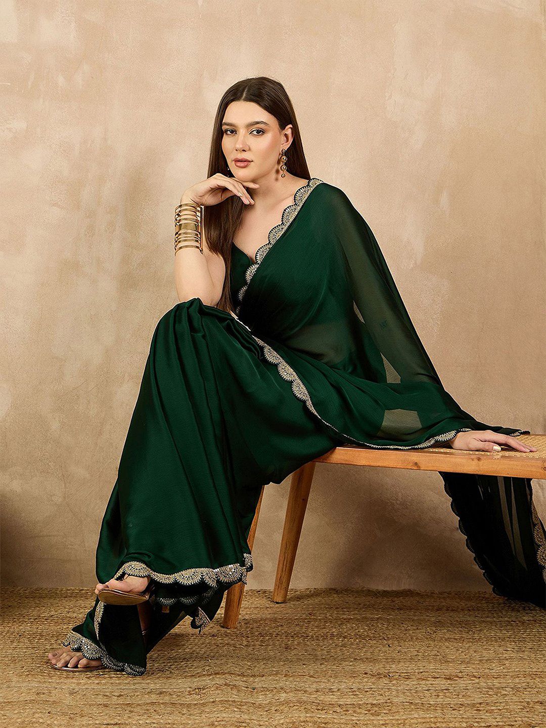 Anouk Sequinned Satin Saree With Embellished Boder