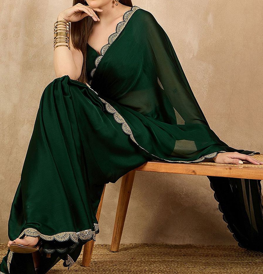 Anouk Sequinned Satin Saree With Embellished Boder