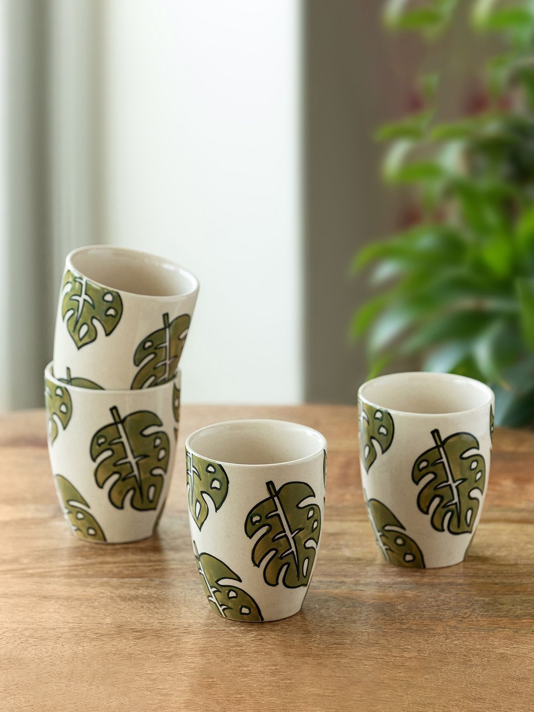 ExclusiveLane White & Green 4 Pieces Printed Ceramic Glossy Mugs-picture-2