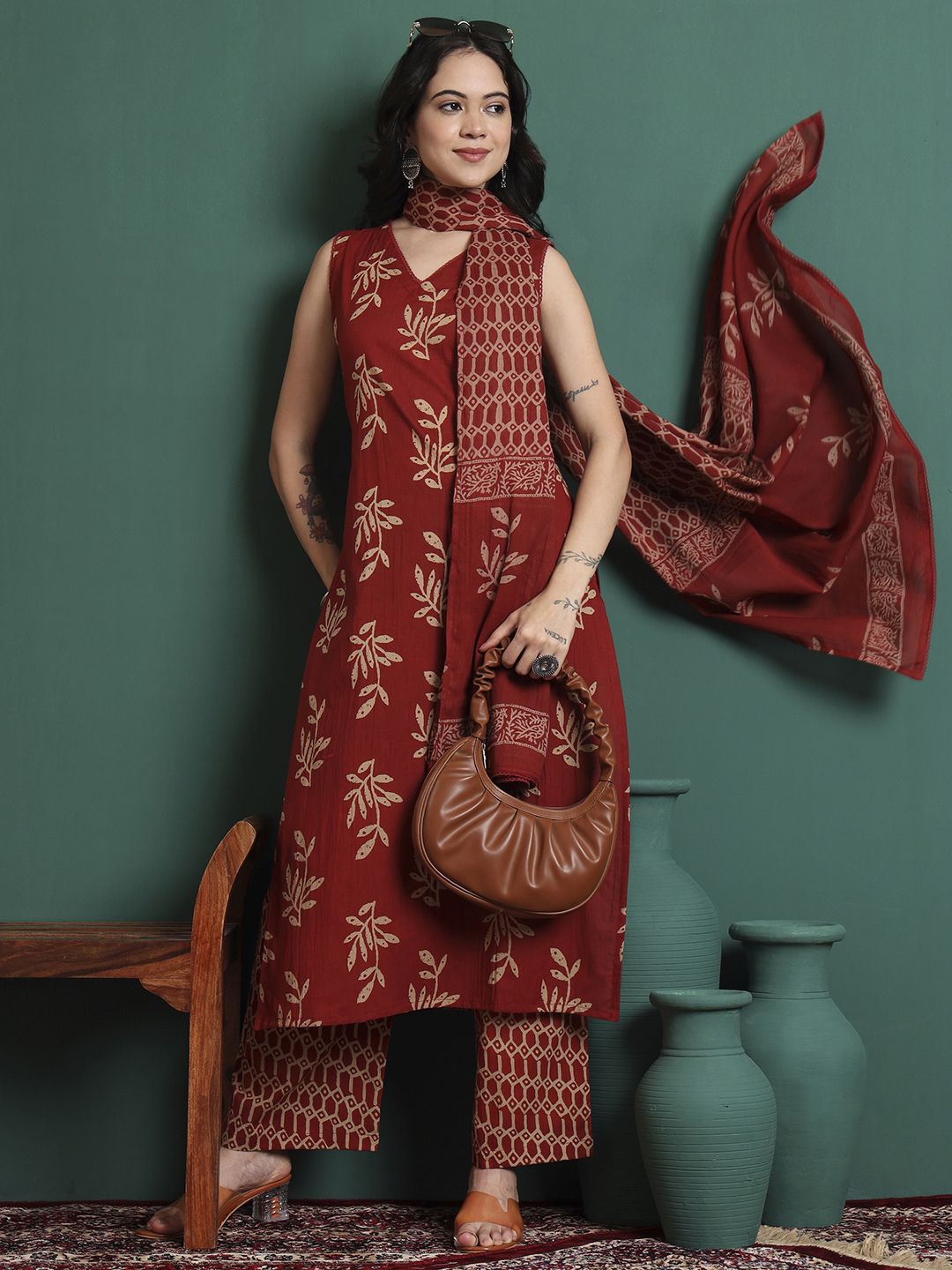 KALINI Women Ethnic Motifs Printed Cotton Kurta with Trousers & Dupatta