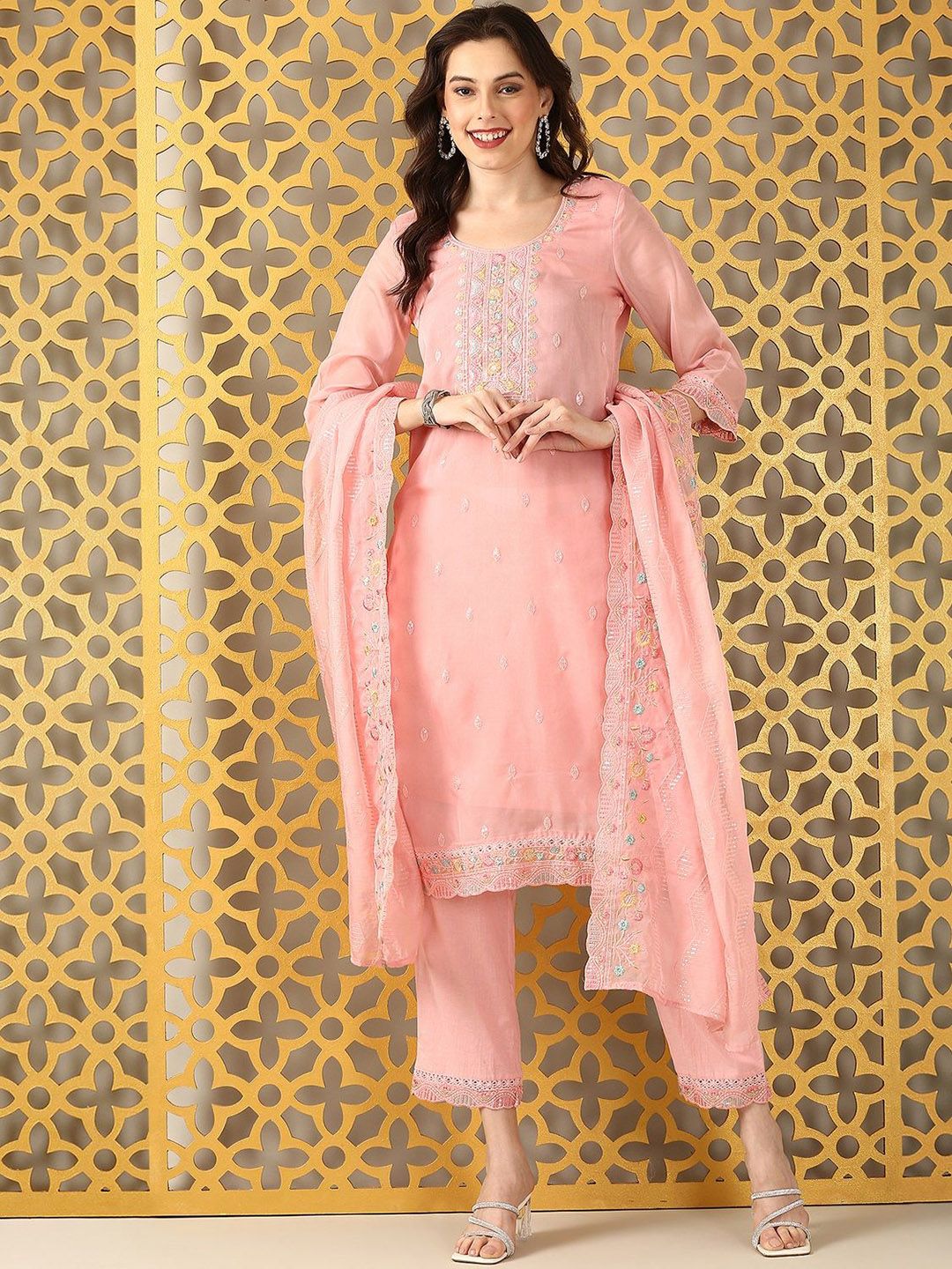 Anouk Floral Embroidered Thread Work Organza Straight Kurta With Trousers & Dupatta