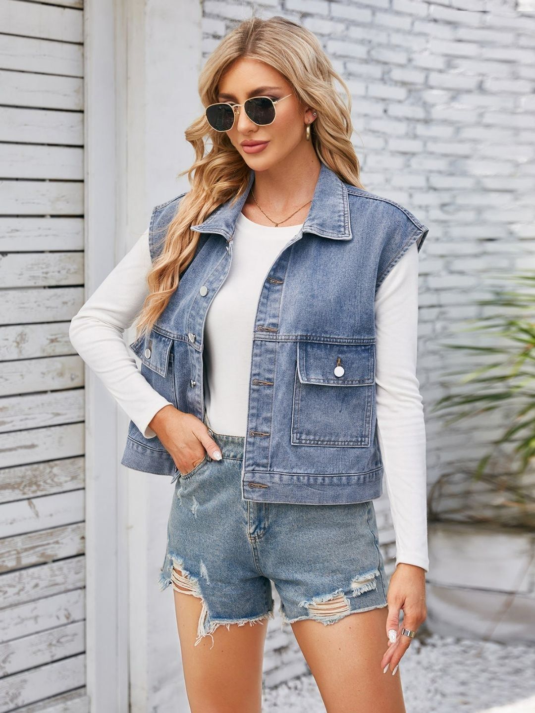 Oh Rare Spread collar Sleeveless Pockets Denim Jacket-picture-57