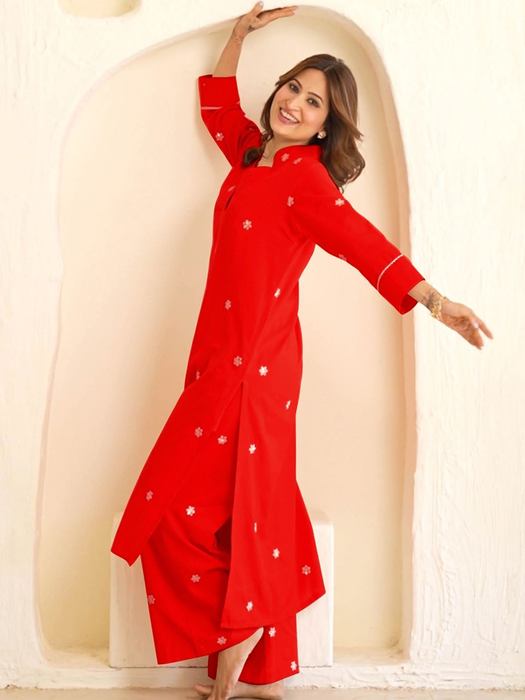 GoSriKi Women Floral Embroidered Regular Straight Thread Work Kurta with Palazzos