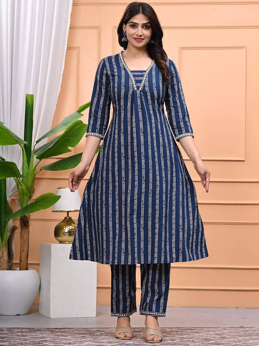 HERE&NOW Women Striped Cotton Kurta with Trousers