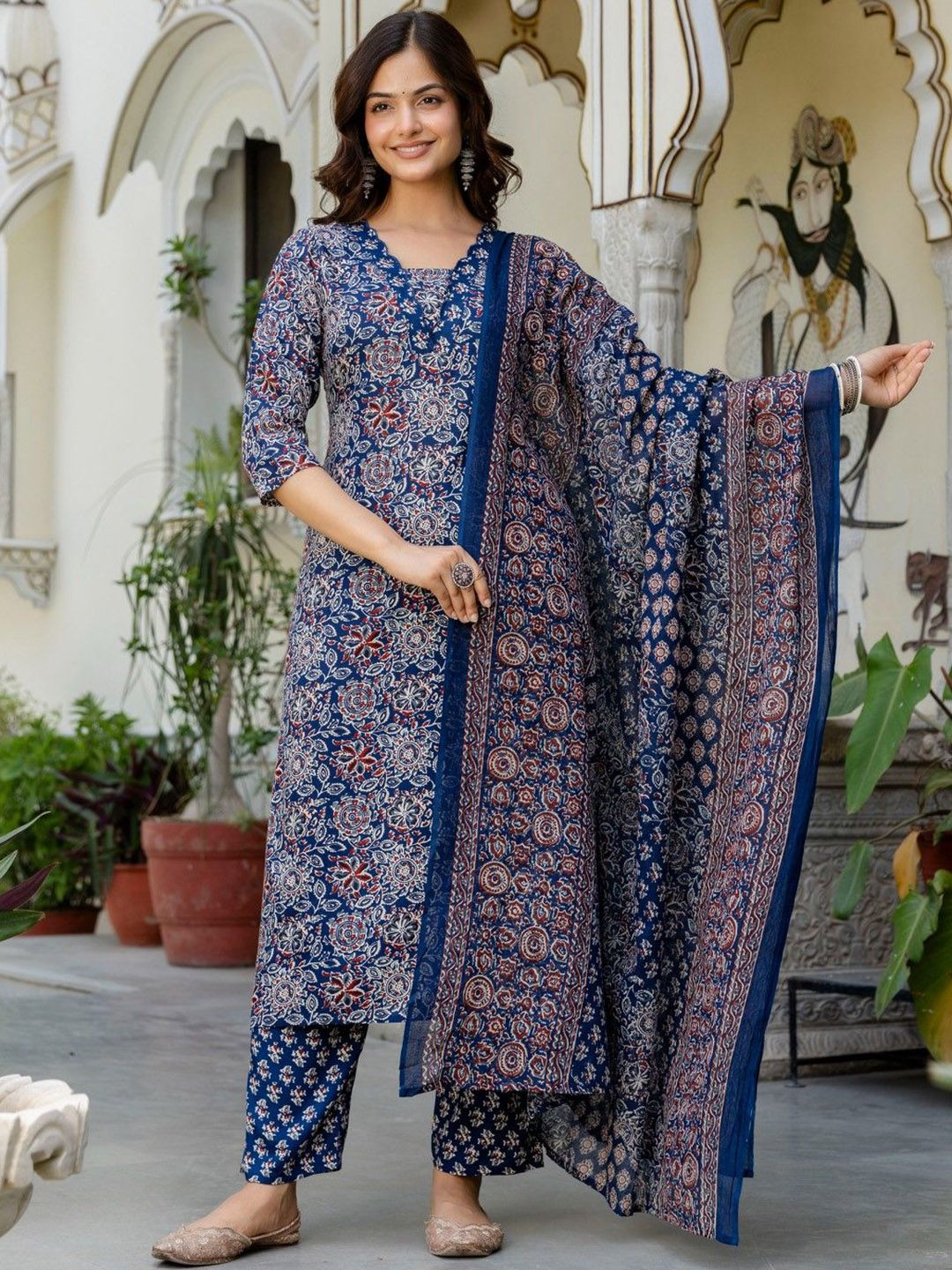 KALINI Women Ethnic Motifs Printed Cotton Kurta with Trousers & Dupatta