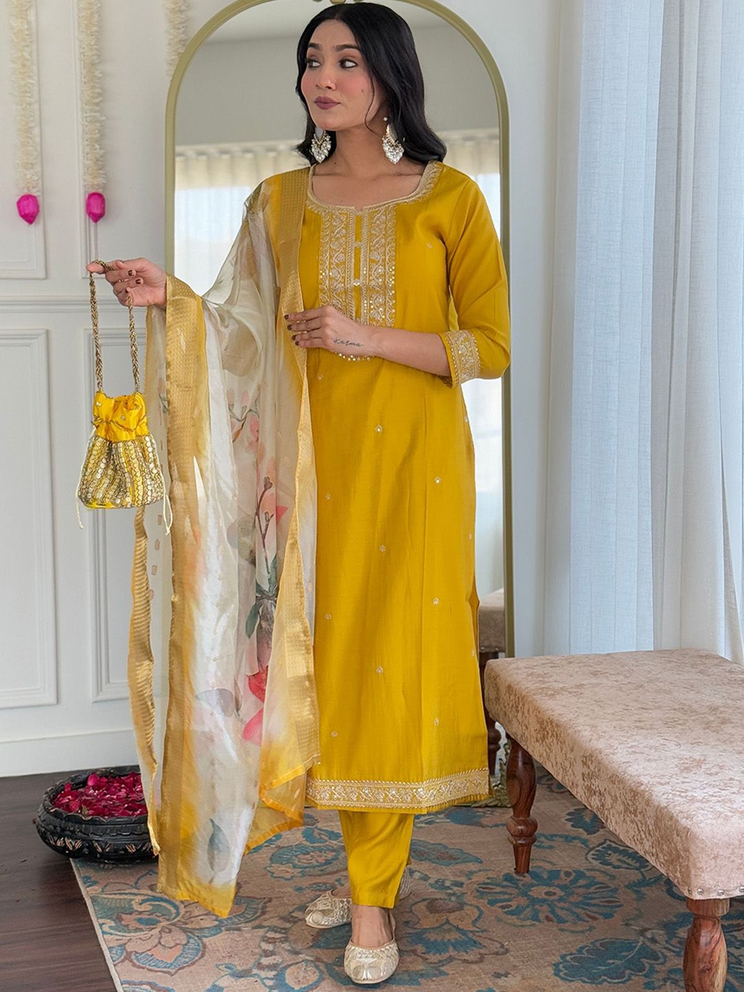KALINI Embroidered Thread Work Jacquard Straight Kurta With Churidar And Dupatta