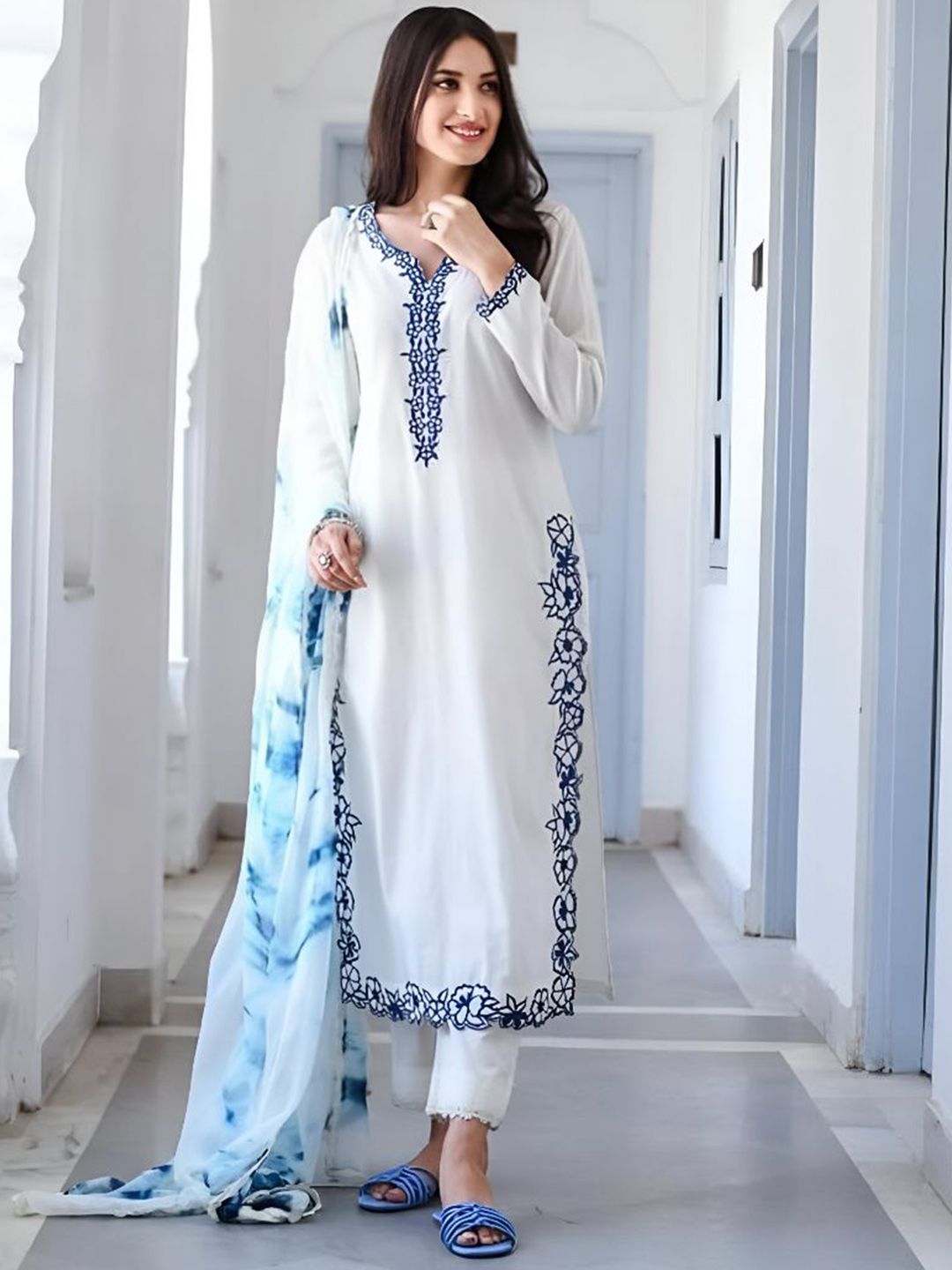 KALINI Women Floral Embroidered Regular Thread Work Kurta with Churidar & Dupatta