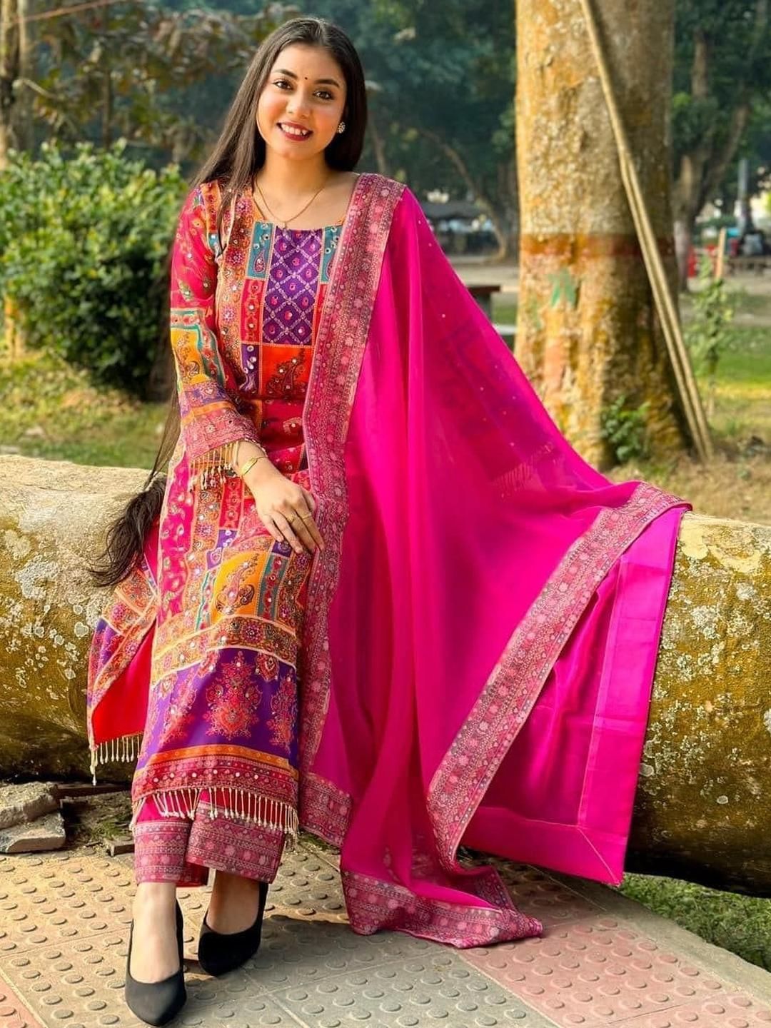 JAY NAGNATH FAB Printed Mirror Work Kurta with Palazzos & Dupatta