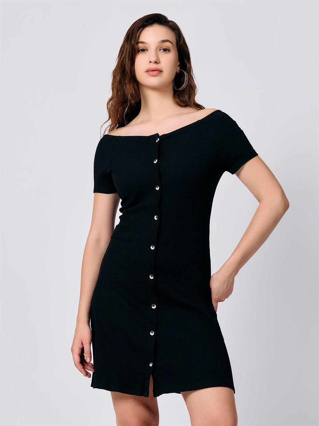 Outzidr Women Ribbed Boat Neck A-Line Dress