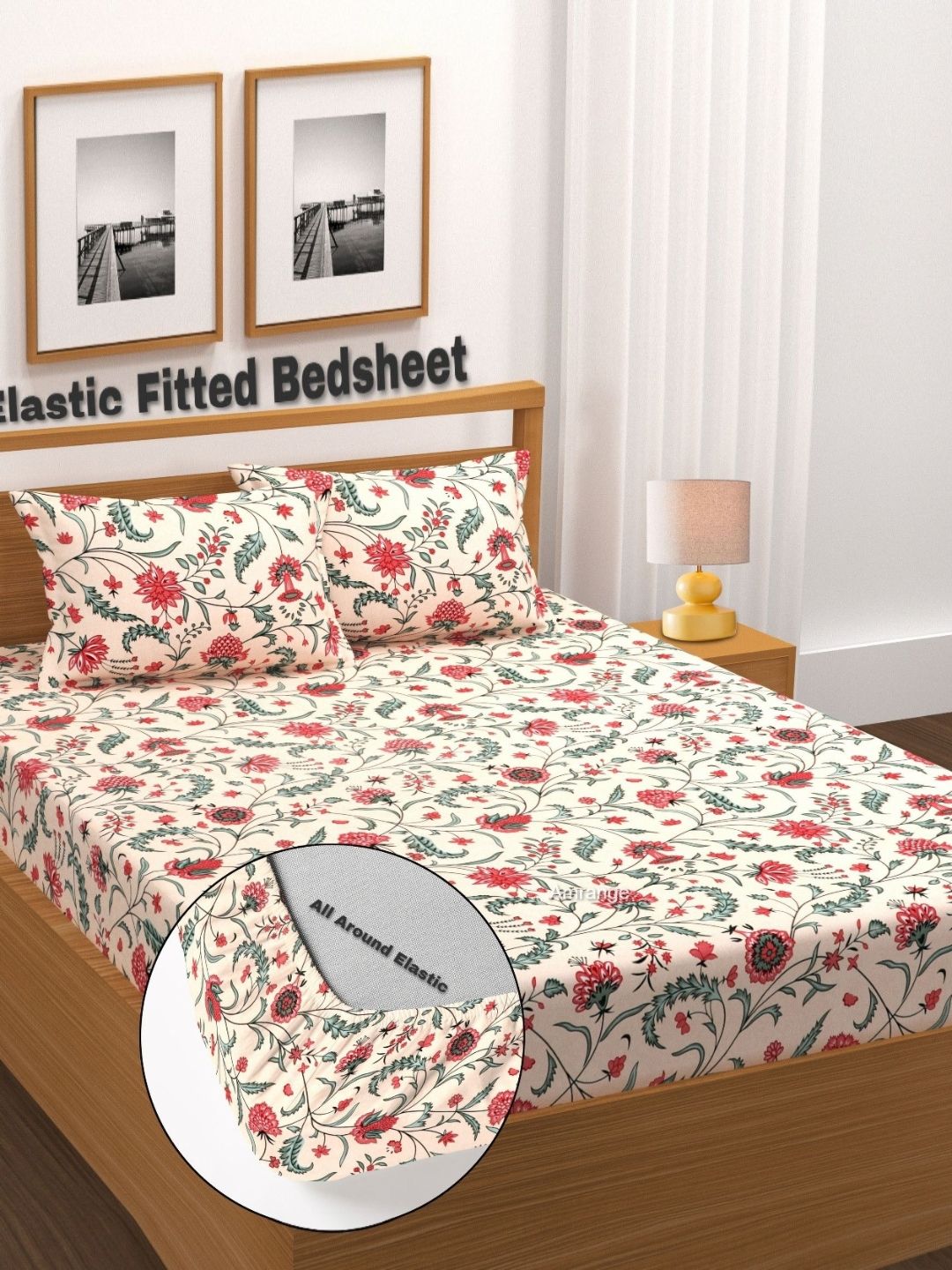 AMRANGE Cream & Red Printed Fitted Microfiber 210 TC Double King Bedsheet Set 1.8m x 1.9m-picture-16