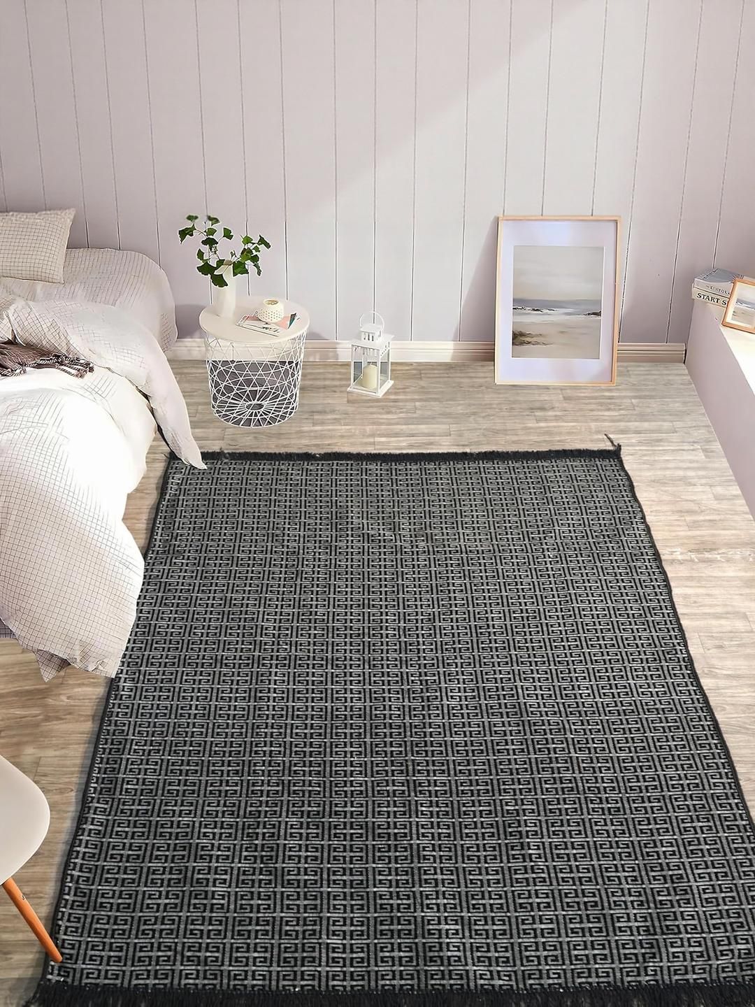 Furnishing Hut Black & Grey Geometric Printed Non-Slip & Durable Velvet Carpet-image-14