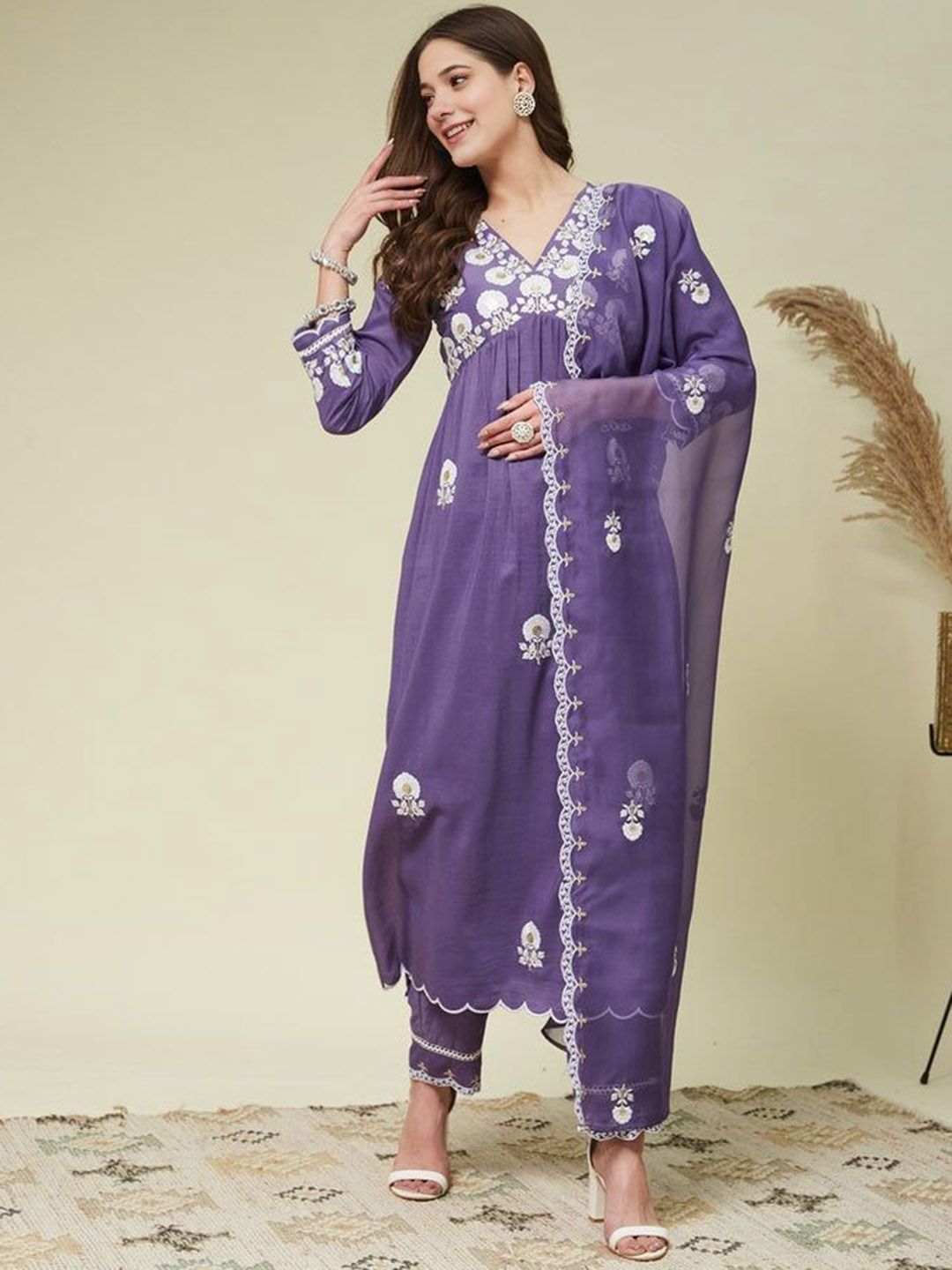 CANBIA Floral Embroidered Empire V-Neck Thread Work Anarkali Kurta With Trousers & Dupatta