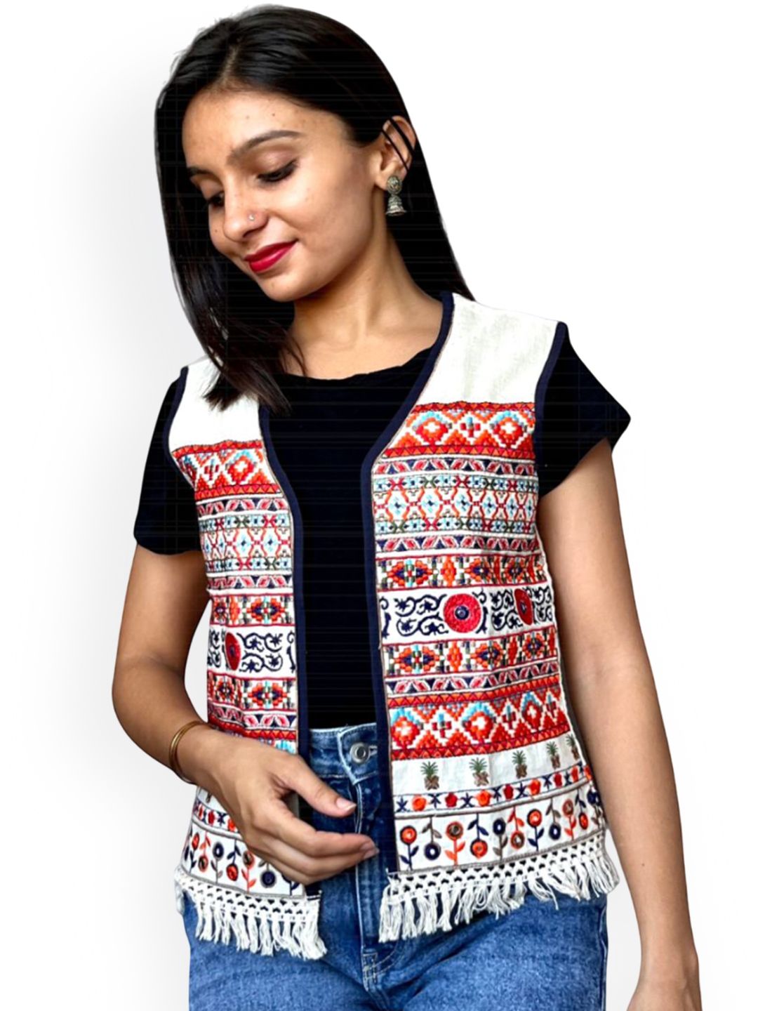 Prijam Women Collarless Self Design Ethnic Open Front Jacket