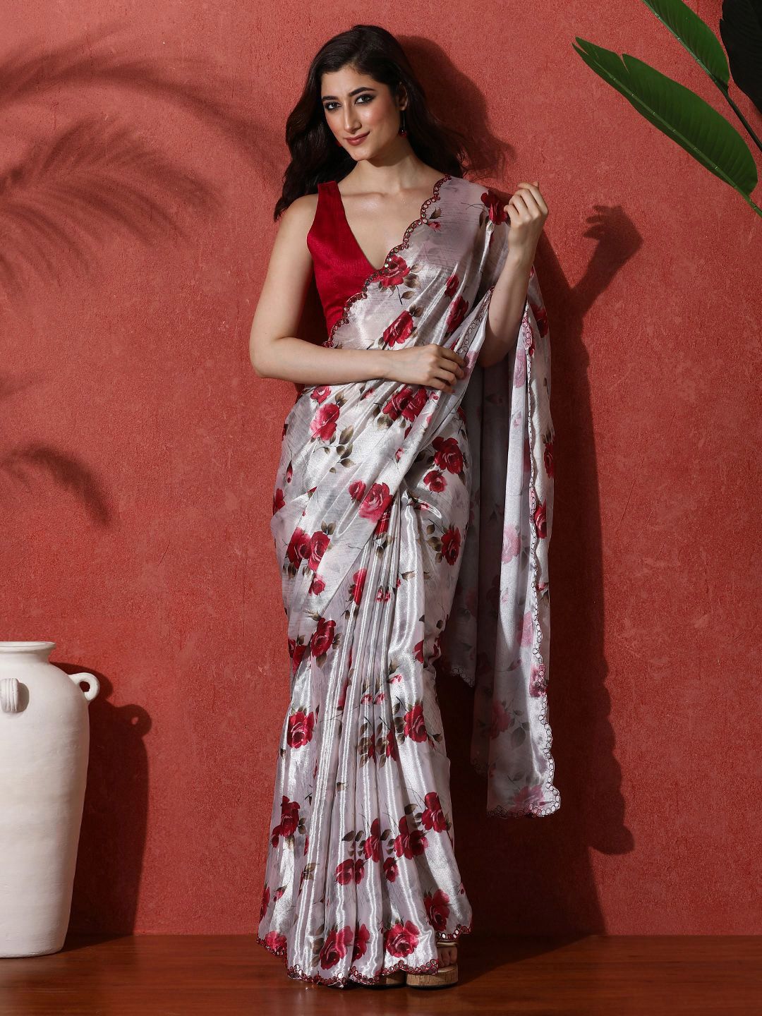 Sangria Floral Printed Embellished Mirror Work Saree With Unstitched Blouse-picture-43