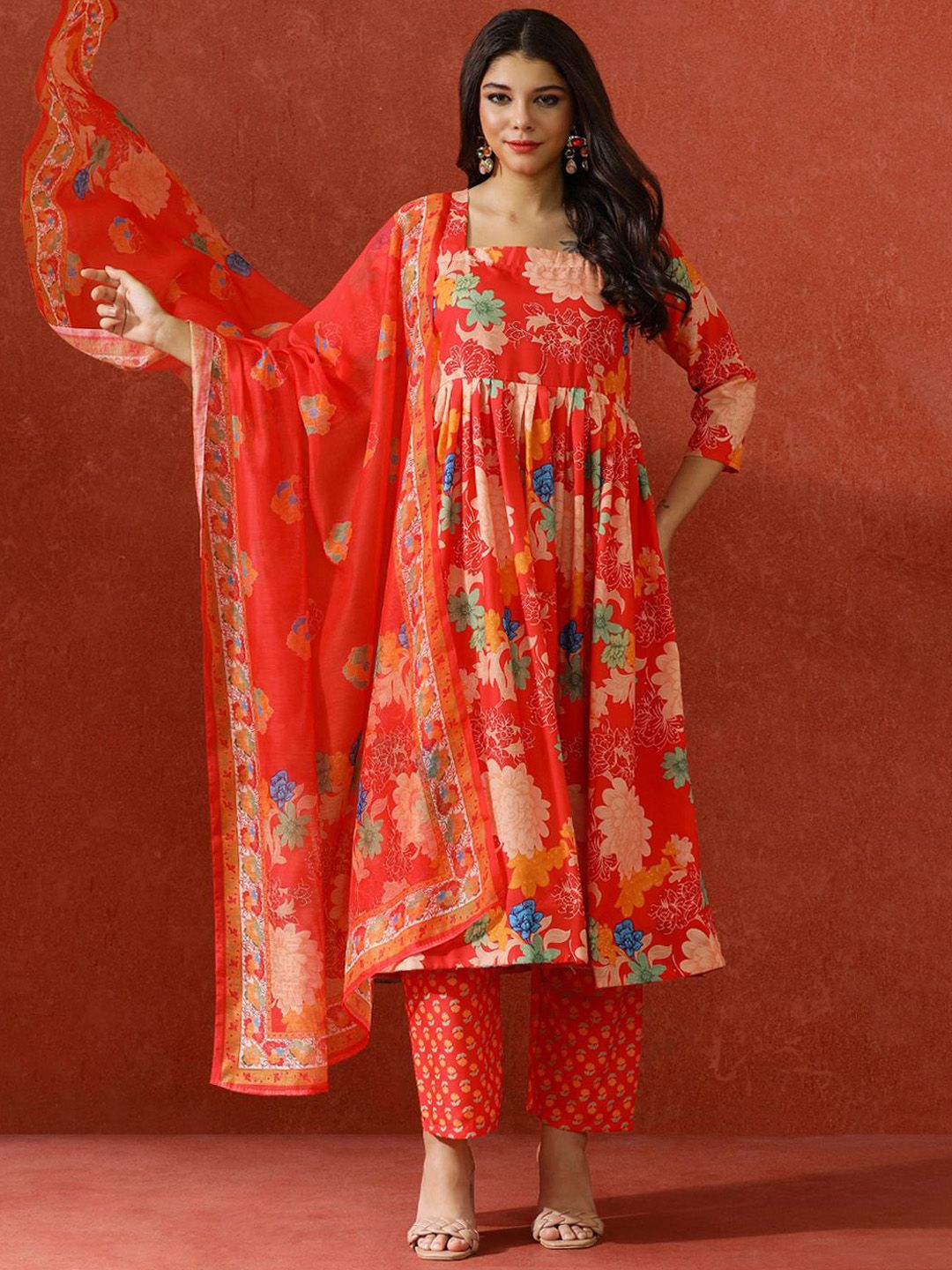 QSH Floral Printed A-Line Festive Kurta & Trousers With Dupatta
