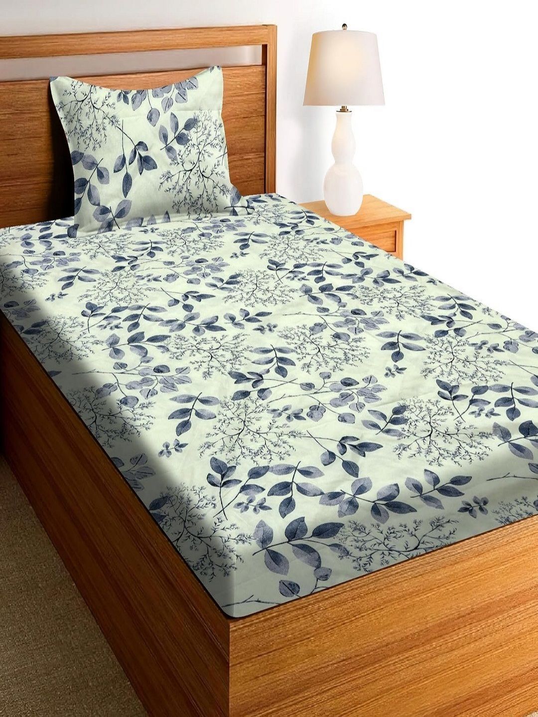 Aura Green & White Printed Microfiber Cotton 144 TC Single Bedsheet Set 2.28 x 1.52 m-picture-36