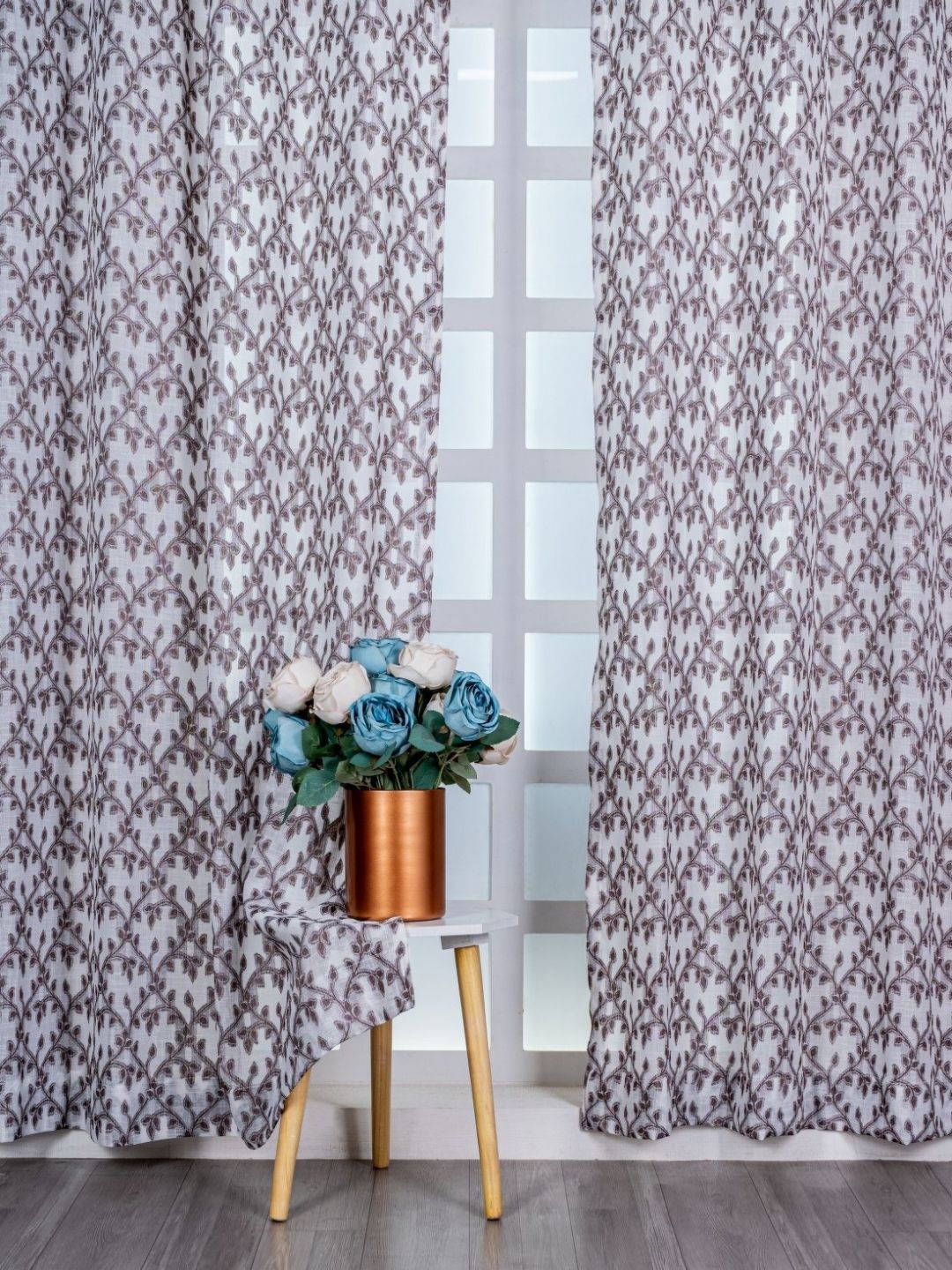 Parda Online White & Brown 4 Pieces Floral Printed Linen Window Curtain-image-14
