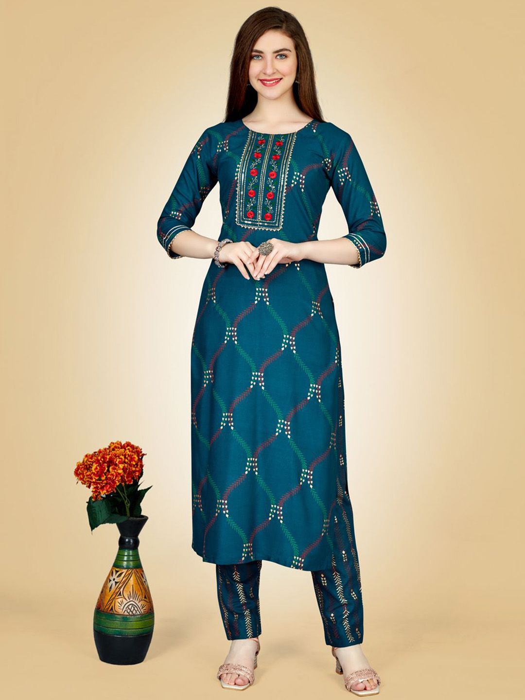 BAPS Women Ethnic Motifs Embroidered Kurta with Trousers
