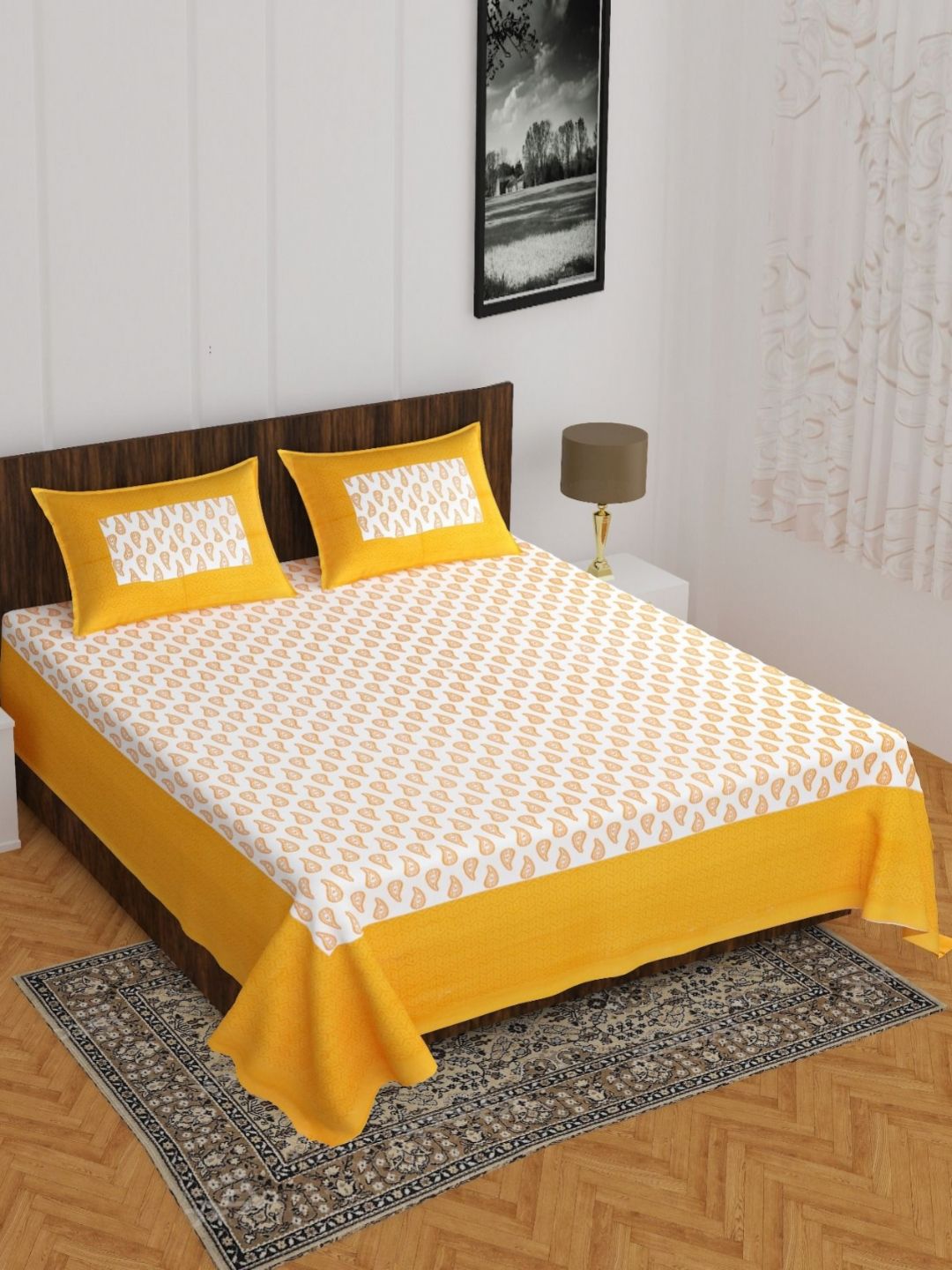 UNIBLISS Yellow & White Ethnic Motifs Cotton 144 TC Double Queen Bedsheet Set-2.15mx2.35m-picture-40