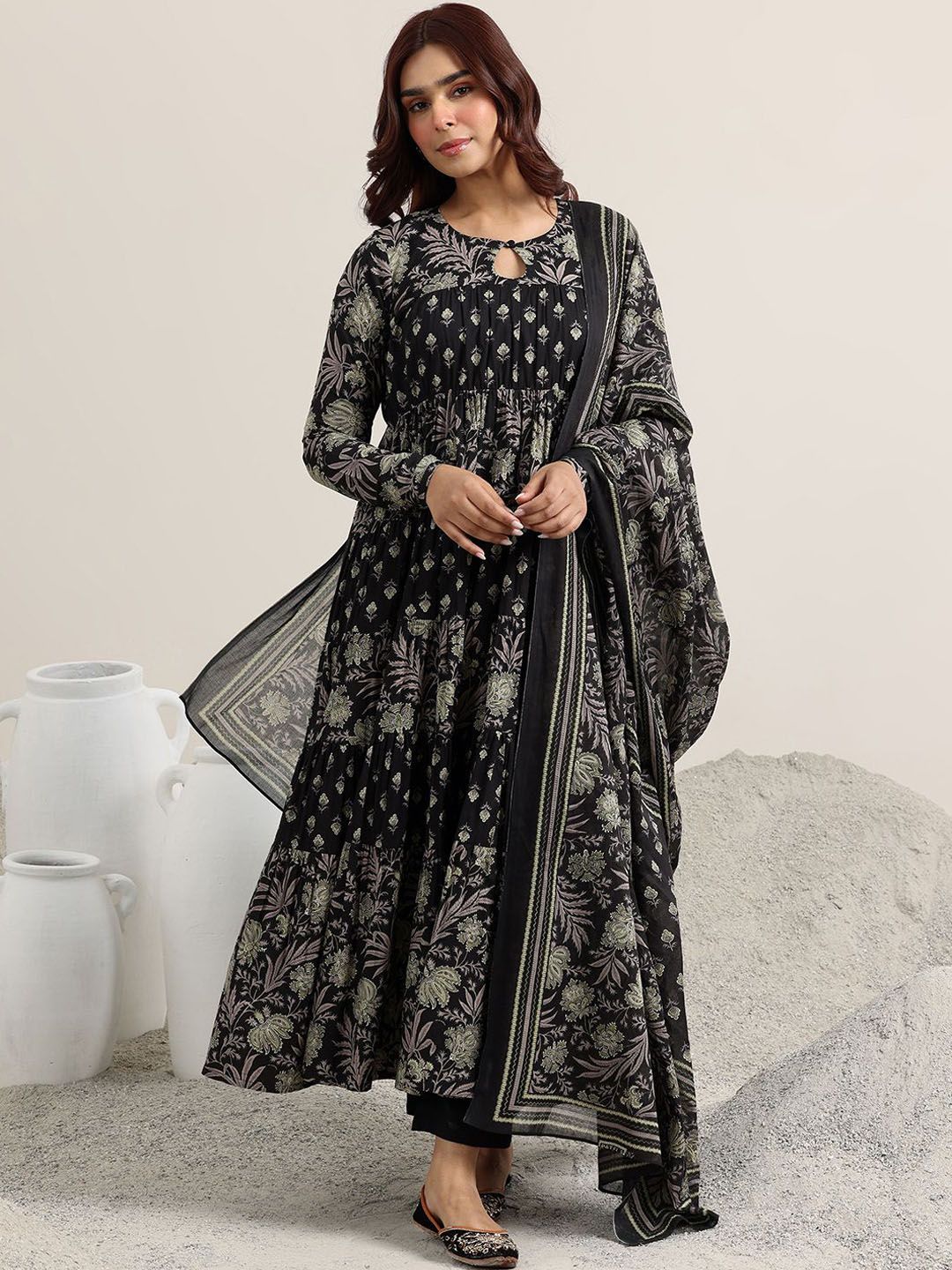 Libas Womens Black Printed Cotton Anarkali Kurta With Trousers & Dupatta
