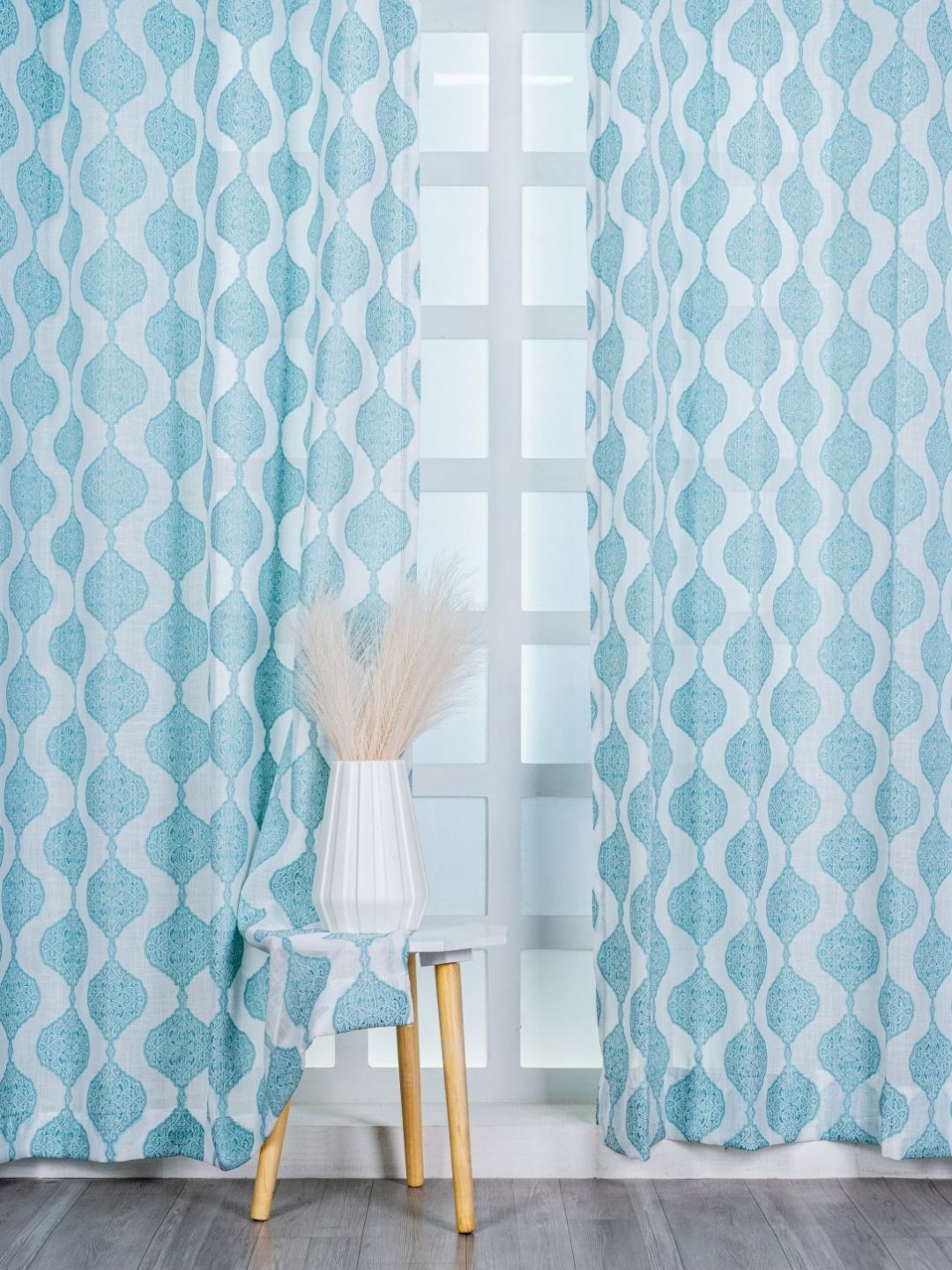 Parda Online White & Turquoise Blue 4 Pieces Ethnic Motifs Printed Linen Window Curtain-image-49