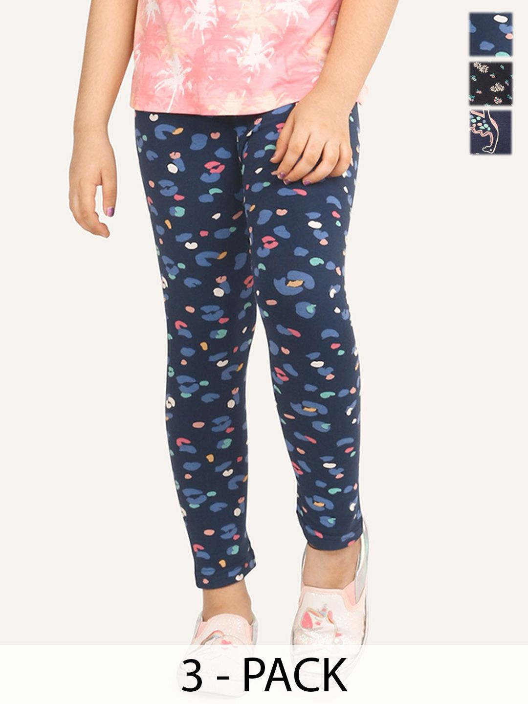 ariel Girls Pack Of 3 Printed Cotton Ankle-Length Leggings-picture-31