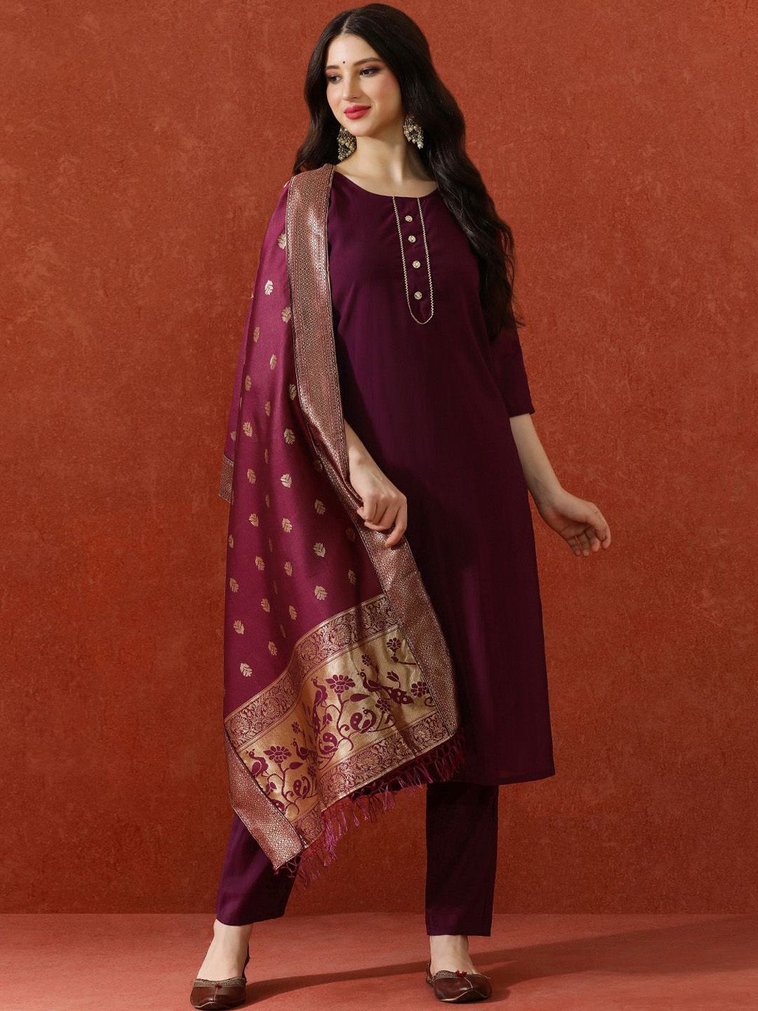 QSH Festive Solid A-Line Kurta & Trousers With Dupatta