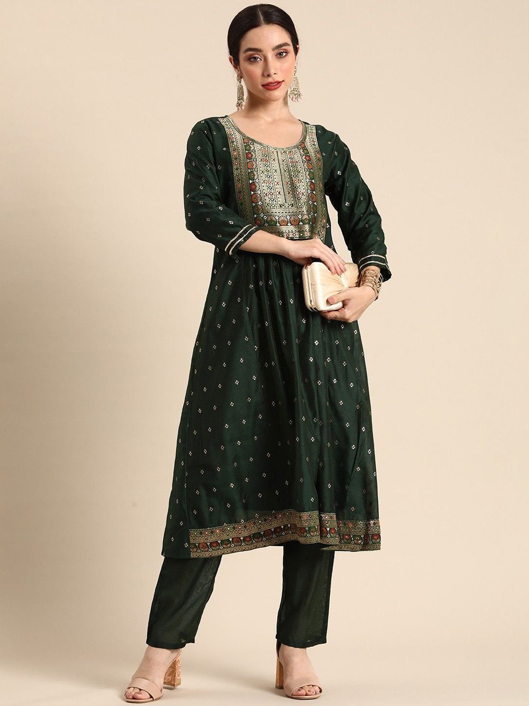 House of Pataudi Floral Printed Pleated Chanderi Silk Anarkali Kurta & Trousers
