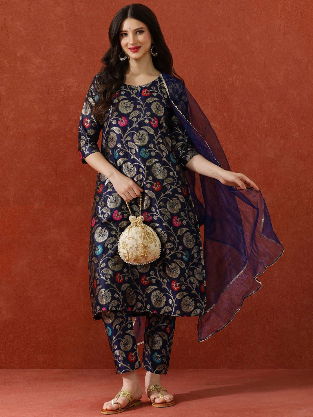 QSH Floral Woven Design A-Line Festive Kurta & Trousers With Dupatta