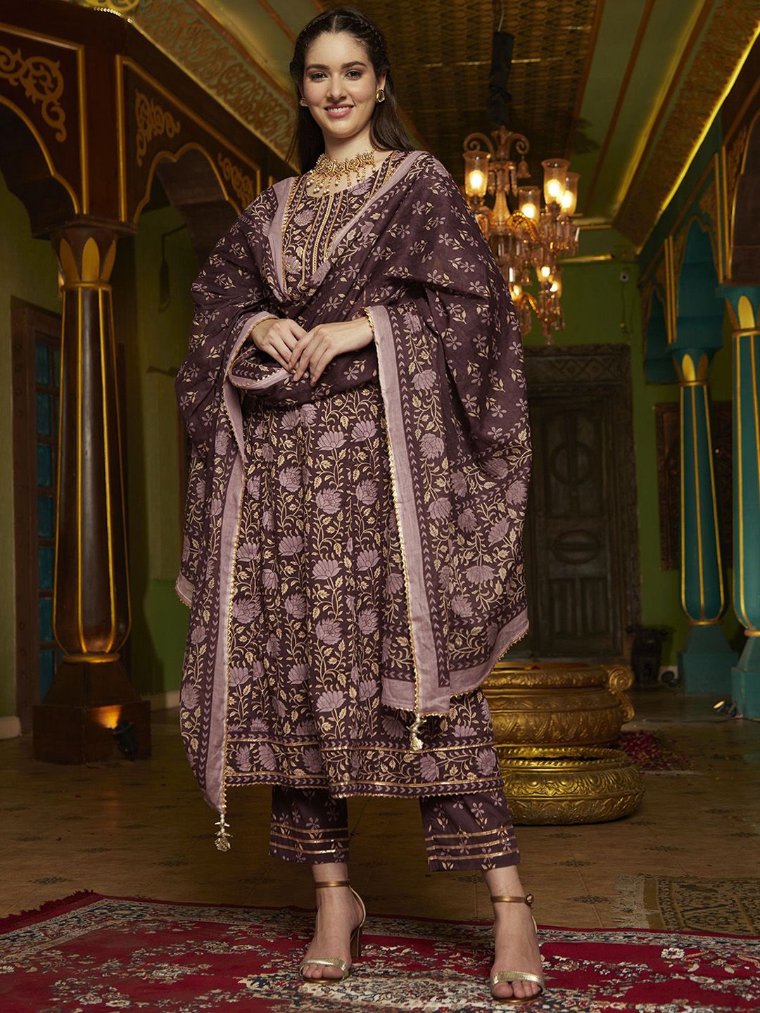 Sangria Floral Floral Printed Pure Cotton Anarkali Kurta With Trousers And Dupatta